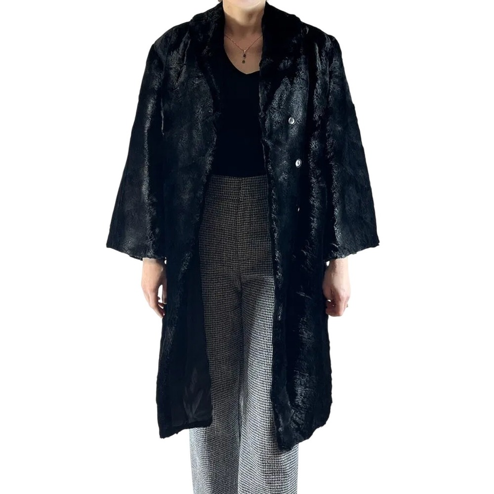 VTG Lapin Fur Coat Womens (L) Black Bell Sleeve‎ Hidden Button Pockets Classic